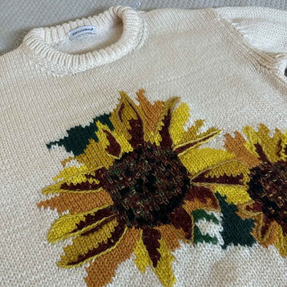 Dolce & Gabbana Kids Girls Wool Sweater Ivory Sunflowers Size 7/8